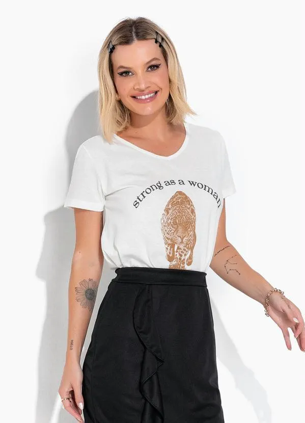 Moda Pop - Blusa Off White com Estampa Localizada