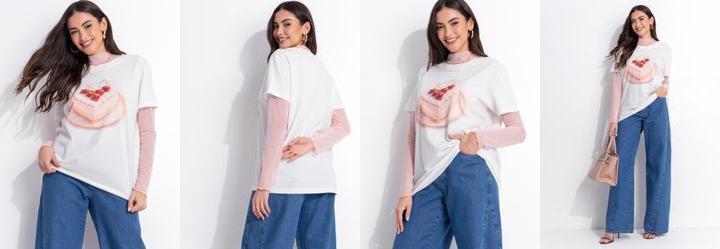 Blusa Off White em Malha de Algod�o Penteado