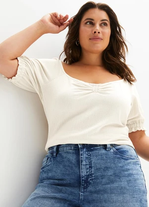 bonprix - Blusa Off White em Piquet Algodão com Elastano - BONPRIX