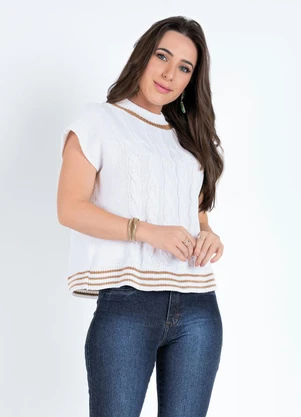 Rosalie - Blusa Off White em Tricô com Gola Alta - ROSALIE