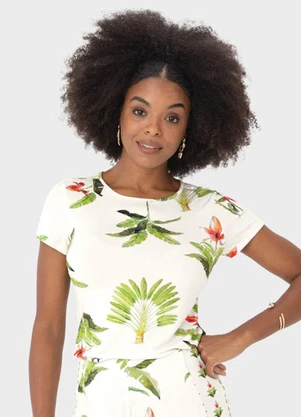 Malwee - Blusa Off White Folhagens em Viscose Stretch - MALWEE
