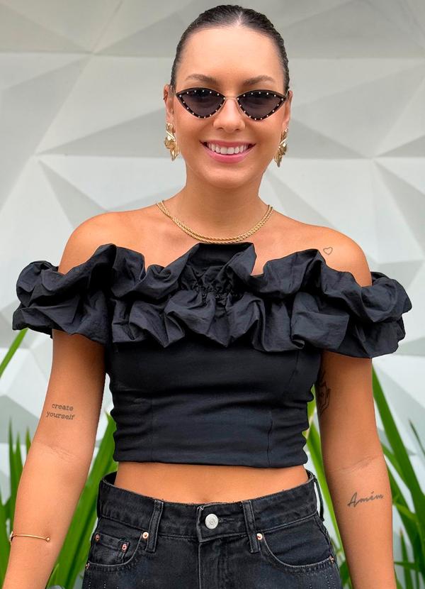 Choyee - Blusa Ombro a Ombro com Babado Preto