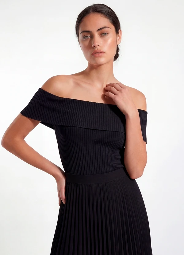 Principessa - Blusa Ombro a Ombro de Malha Canelada Preto Graciany