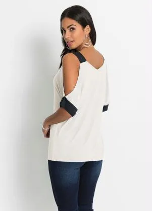 bonprix - Blusa Ombro Vazado Off White/Preto - BONPRIX