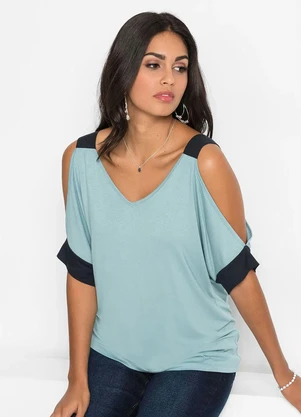 bonprix - Blusa Ombro Vazado Verde/Preto - BONPRIX