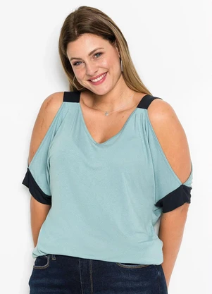 bonprix - Blusa Ombro Vazado Verde/Preto - BONPRIX