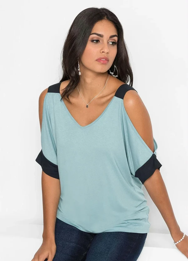bonprix - Blusa Ombro Vazado Verde/Preto