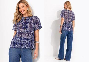 Blusa Paisley Azul em Chiffon com Amarra��o e Estilo Boho
