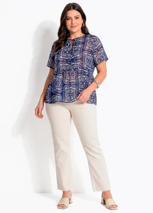 Quintess - Blusa Paisley Azul em Chiffon com Amarração e Estilo Boho - QUINTESS
