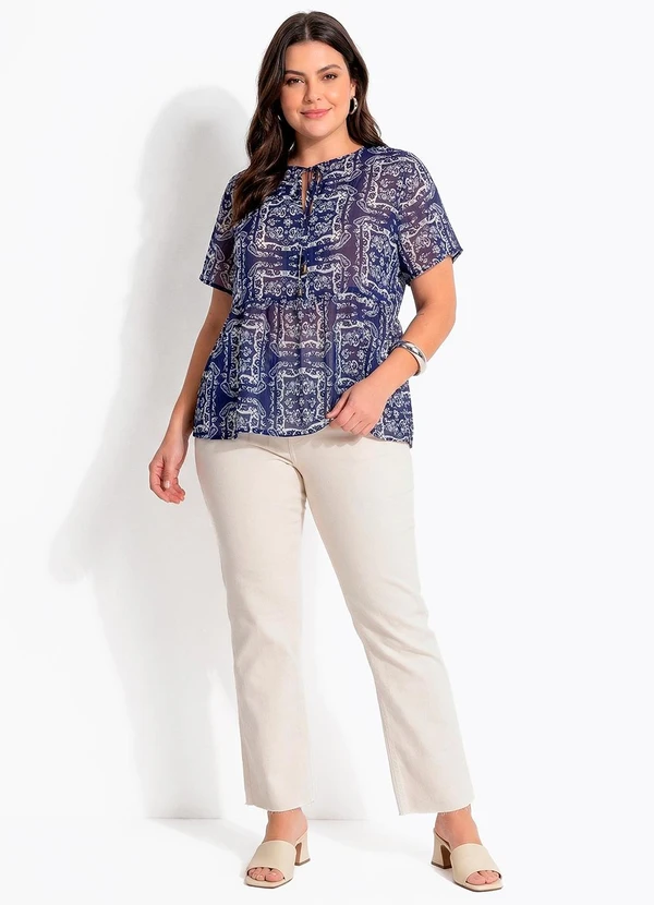 Quintess - Blusa Paisley Azul em Chiffon com Amarração e Estilo Boho 8