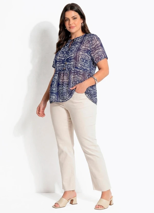 Quintess - Blusa Paisley Azul em Chiffon com Amarração e Estilo Boho 9