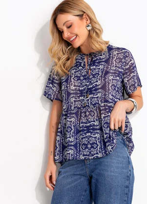 Quintess - Blusa Paisley Azul em Chiffon com Amarração e Estilo Boho - QUINTESS