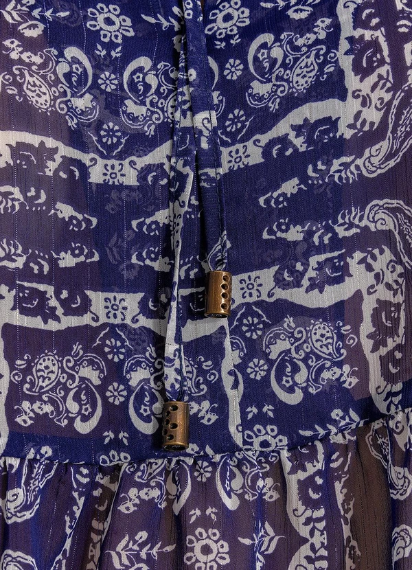 Quintess - Blusa Paisley Azul em Chiffon com Amarração e Estilo Boho