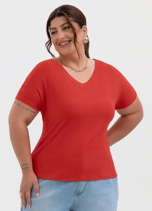 Habana - Blusa Plus Size com Decote V Canelada Vermelho - HABANA
