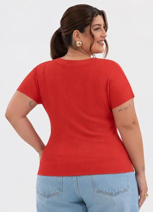 Habana - Blusa Plus Size com Decote V Canelada Vermelho - HABANA
