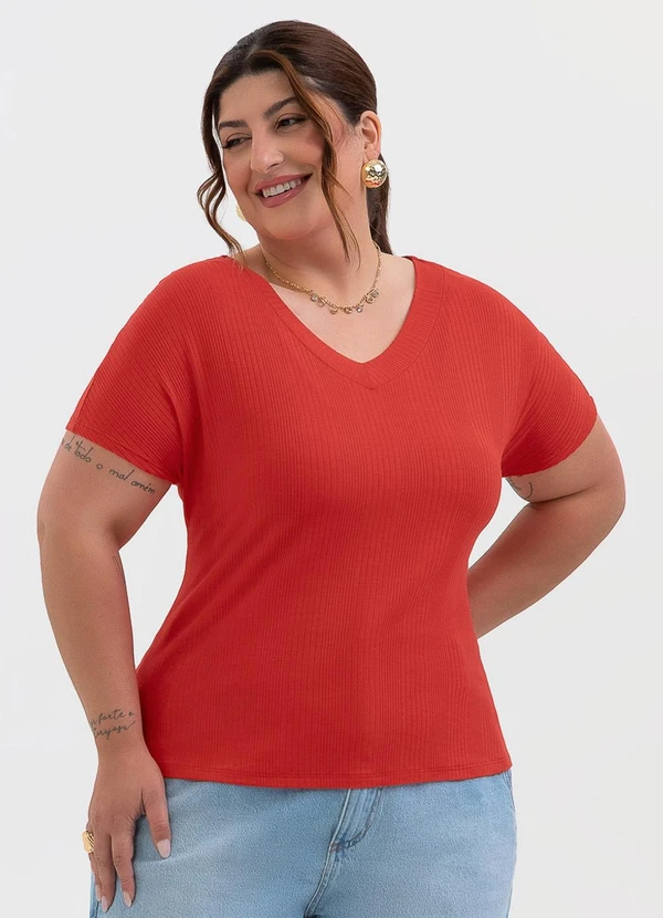 Habana - Blusa Plus Size com Decote V Canelada Vermelho