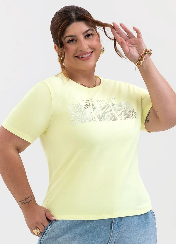Habana - Blusa Plus Size de Algodão com Foil Amarelo