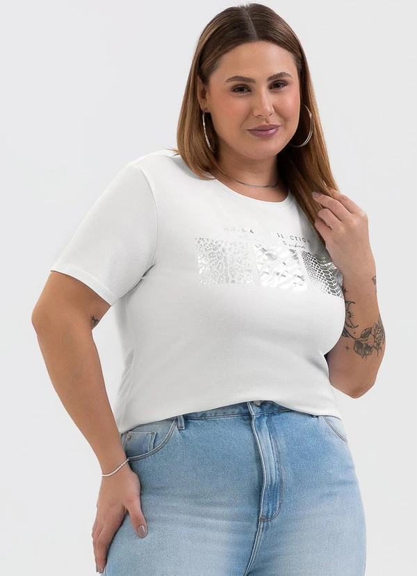 Habana - Blusa Plus Size de Algodão com Foil Branco