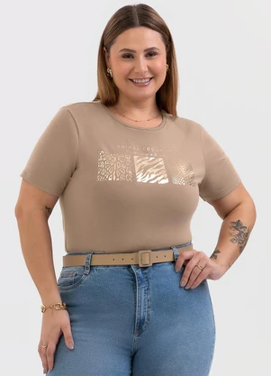Habana - Blusa Plus Size de Algodão com Foil Marrom - HABANA