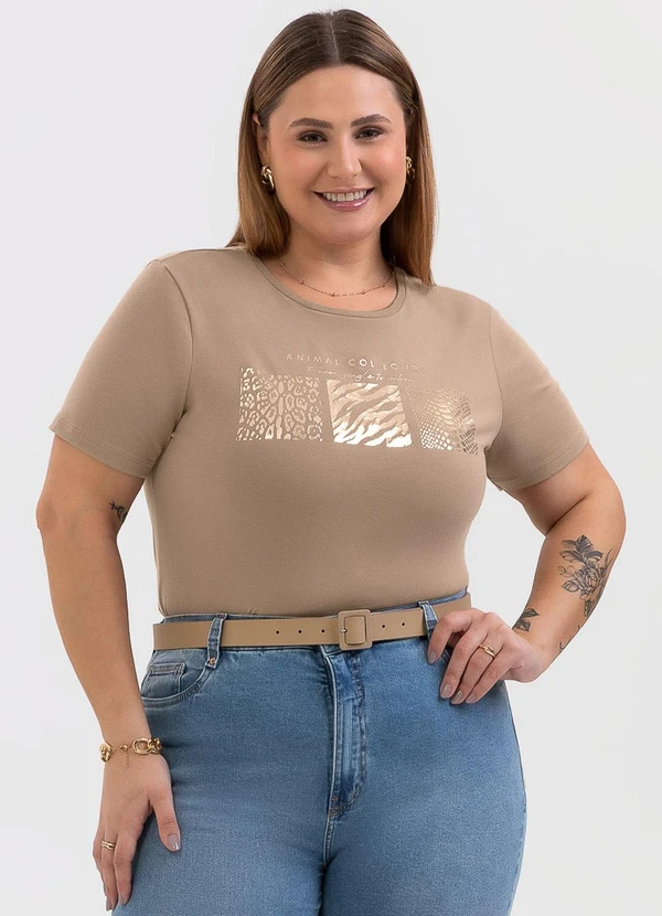 Habana - Blusa Plus Size de Algodão com Foil Marrom
