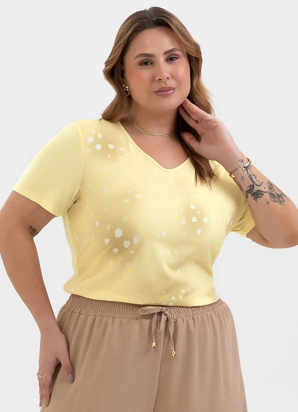 Habana - Blusa Plus Size Decote V em Misturinha Amarelo