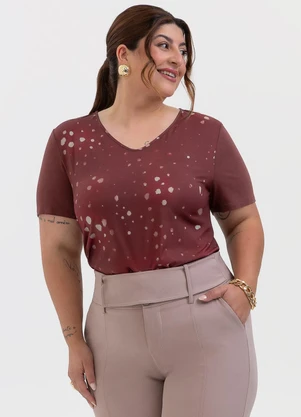 Habana - Blusa Plus Size Decote V em Misturinha Marrom - HABANA