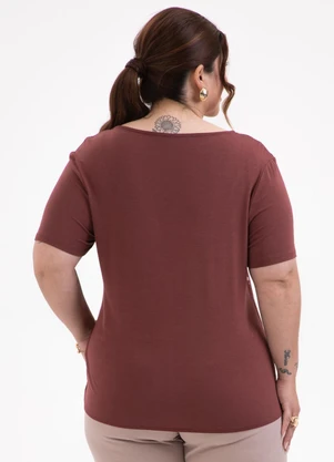 Habana - Blusa Plus Size Decote V em Misturinha Marrom - HABANA