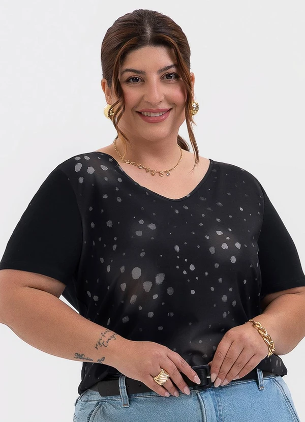 Habana - Blusa Plus Size Decote V em Misturinha Preto