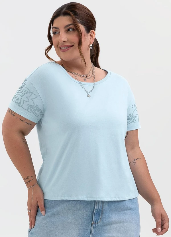 Habana - Blusa Plus Size Estampa Puff em Algodão Azul