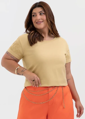 Habana - Blusa Plus Size Estampa Puff em Algodão Bege - HABANA