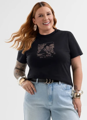 Cativa - Blusa Plus Size Estampada em Algodão Preto - CATIVA