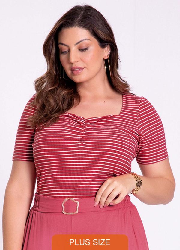 Lunender Mais Mulher - Blusa Plus Size Listrada com Franzido Busto Rosa 1