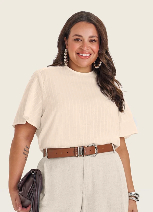Secret Glam - Blusa Plus Size Manga Curta Bege