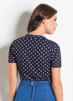 Rosalie - Blusa Poá Azul com Gola Laço - ROSALIE