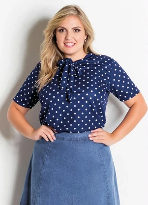 Rosalie - Blusa Poá Azul com Gola Laço - ROSALIE