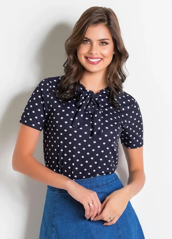 Rosalie - Blusa Poá Azul com Gola Laço