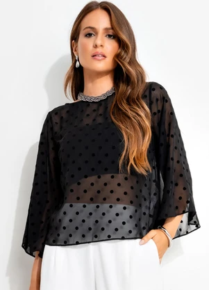 Quintess - Blusa Poá Flock Preto em Chiffon - QUINTESS