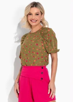Moda Pop - Blusa Poá Verde com Franzidos e Manga Bufante - MODA POP
