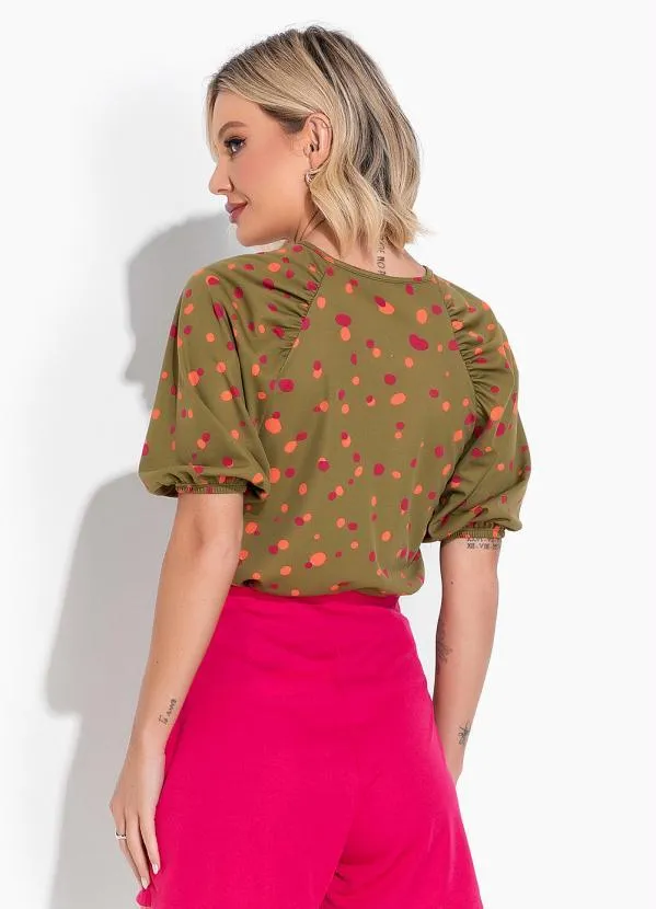 Moda Pop - Blusa Poá Verde com Franzidos e Manga Bufante 2
