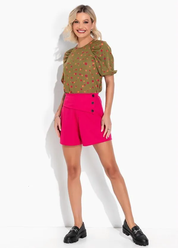 Moda Pop - Blusa Poá Verde com Franzidos e Manga Bufante 3