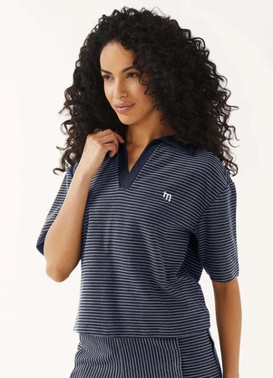 Marialícia - Blusa Polo Feminina Listrada Decote V Azul - MARIALÍCIA