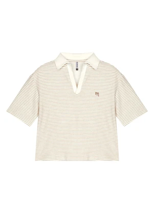 Marialícia - Blusa Polo Feminina Listrada Decote V Bege - MARIALÍCIA