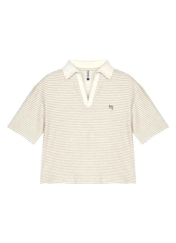 Marialícia - Blusa Polo Feminina Listrada Decote V Bege