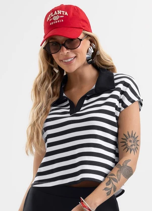Cativa - Blusa Polo Listrada em Algodão Preto - CATIVA