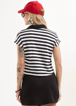 Cativa - Blusa Polo Listrada em Algodão Preto - CATIVA