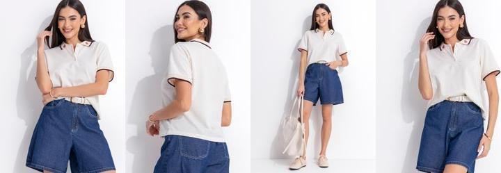 Blusa Polo Off White em Malha Piquet