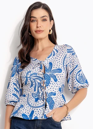 Quintess - Blusa Pontilhado Azul em Malha Fria - QUINTESS