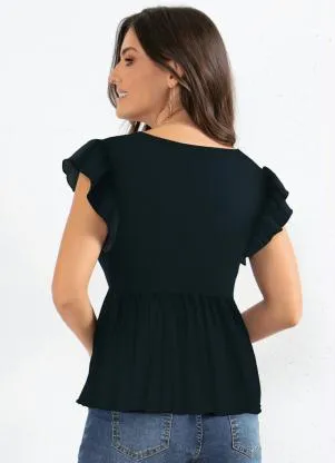Quintess - Blusa Preta Acinturada com Babados - QUINTESS