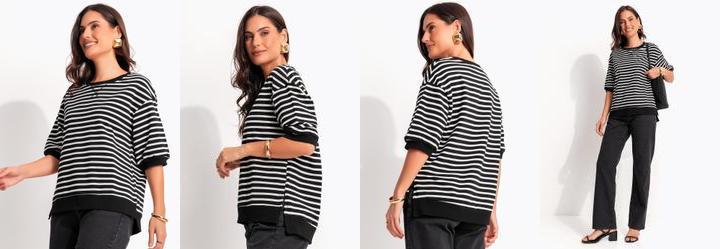 Blusa Listrada Preta em Moletinho de Algod�o
