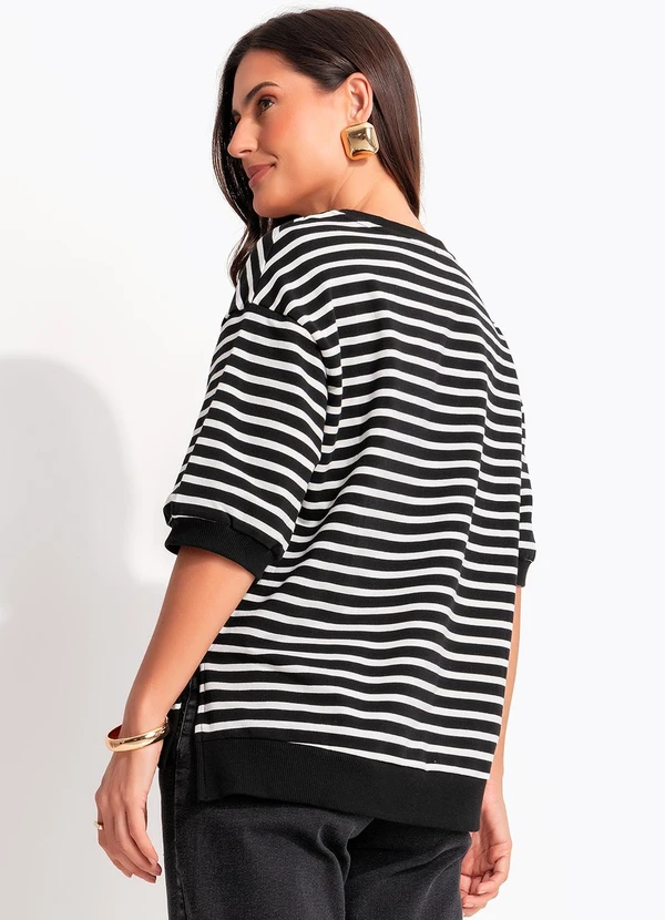 Quintess - Blusa Listrada Preta em Moletinho de Algodão 2